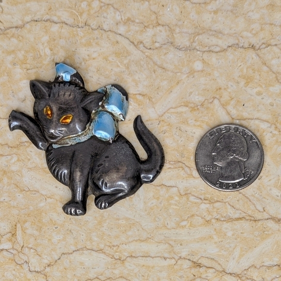 Vintage Pressed Sterling Silver Blue Ribbon Gold Eyes 1950's Kitten Cat Brooch - Picture 9 of 11